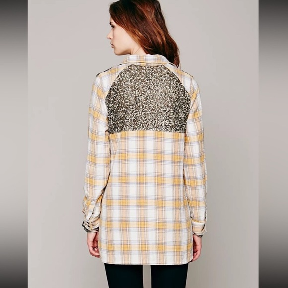 Free People Little Bit of Sugar Plaid Sequin Button Down Top - Picture 4 of 9